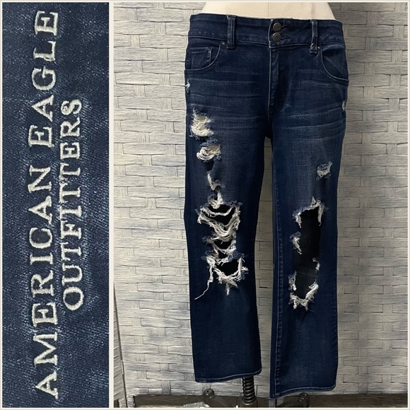 American Eagle Outfitters Denim - American Eagle Artist Crop Jeans Womens 12 Dark Wash Good Distressed Shredded X4